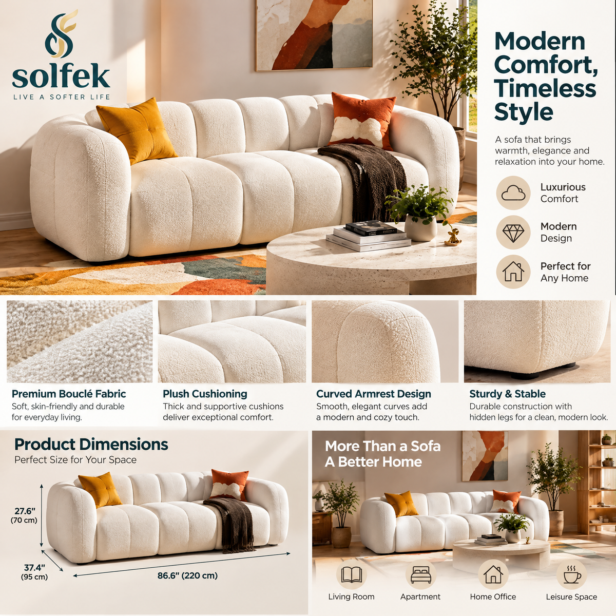 SOLFEK Ivory Cloud Curved Sofa — view 3