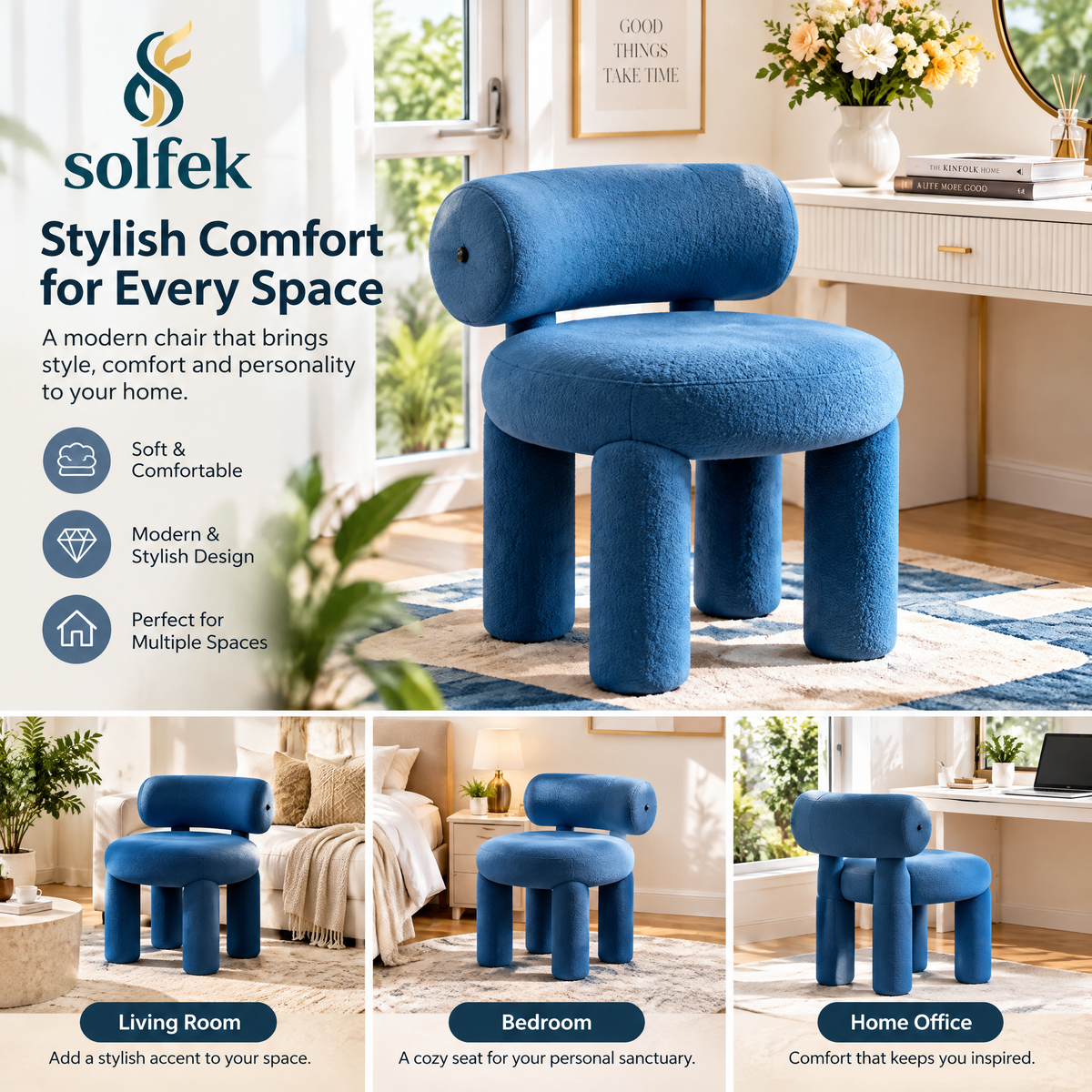 SOLFEK Cobalt Blue Rounded Accent Chair — view 2