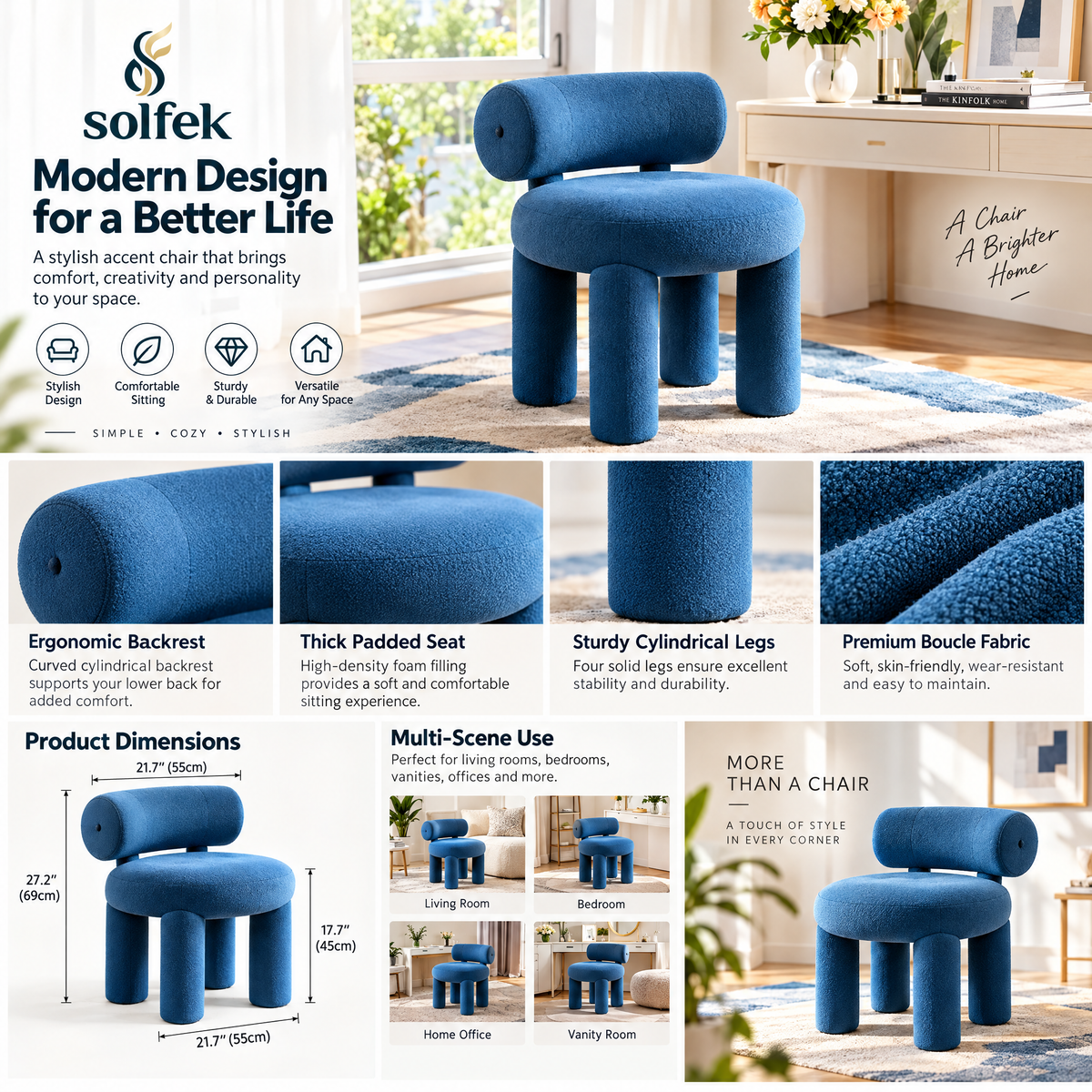 SOLFEK Cobalt Blue Rounded Accent Chair — view 3