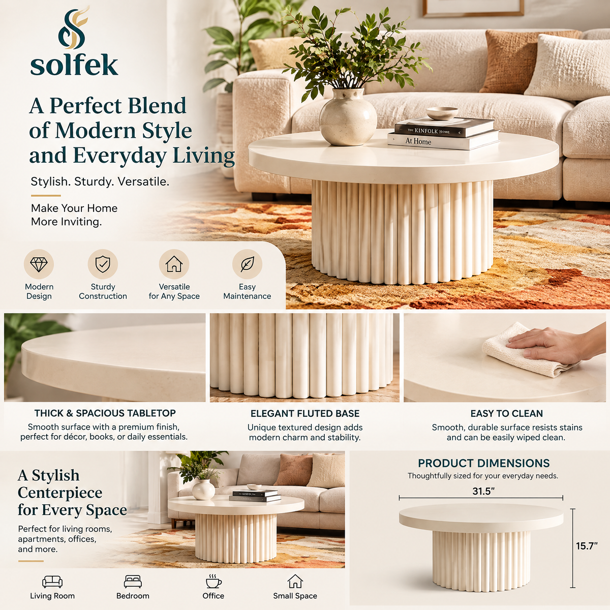 SOLFEK White Fluted Round Coffee Table — view 3