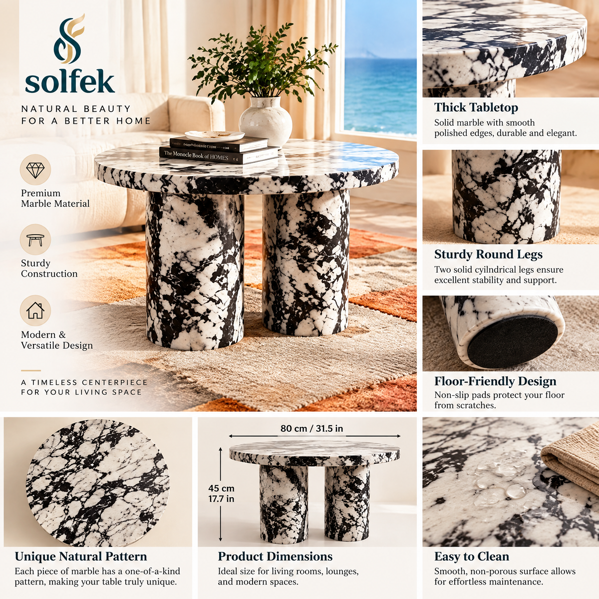 SOLFEK Black & White Marble-Look Coffee Table — view 3