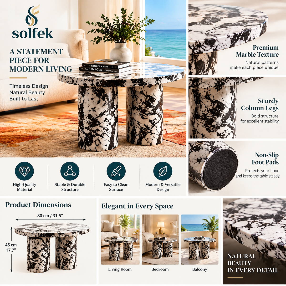 SOLFEK Black & White Marble-Look Coffee Table — view 4