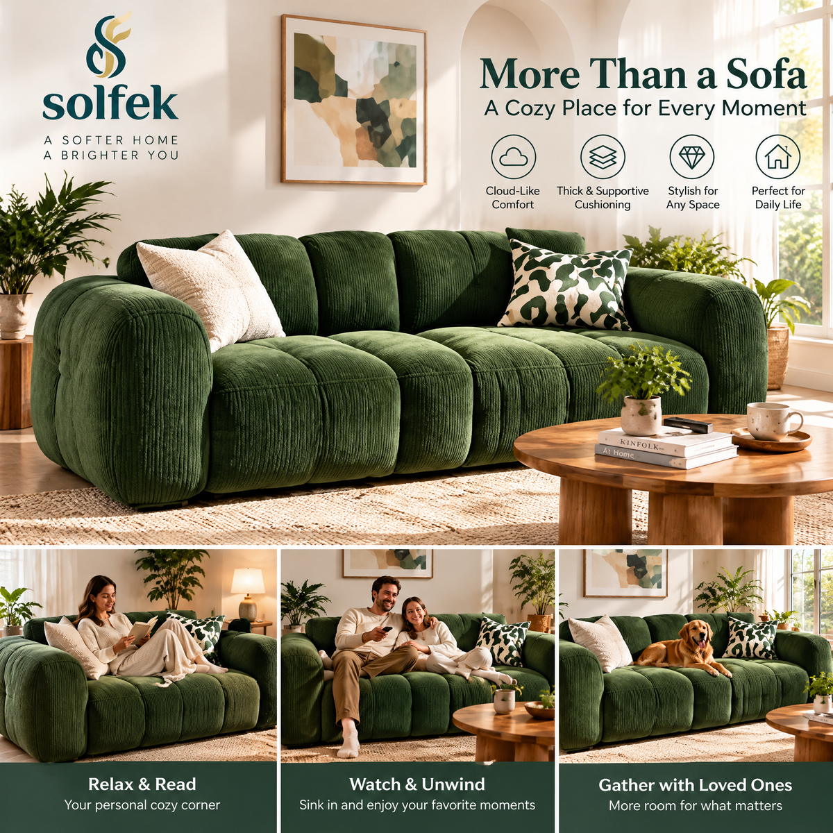SOLFEK Forest Green Channel Sofa — view 2