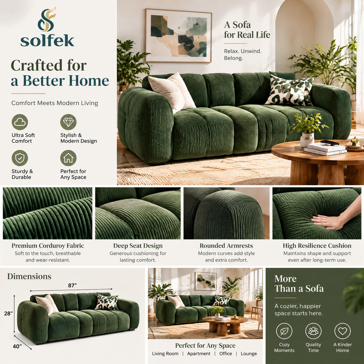 SOLFEK Forest Green Channel Sofa — view 3