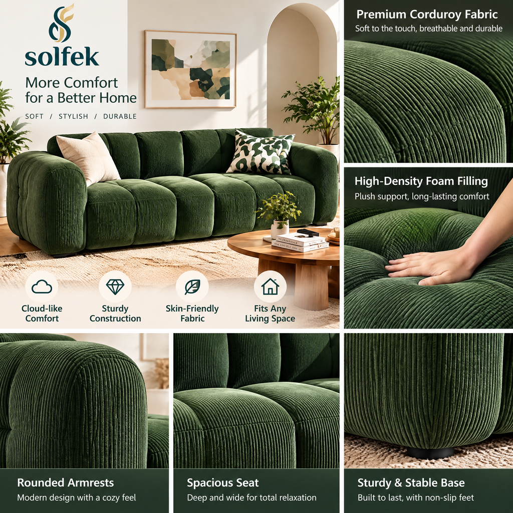 SOLFEK Forest Green Channel Sofa — view 4