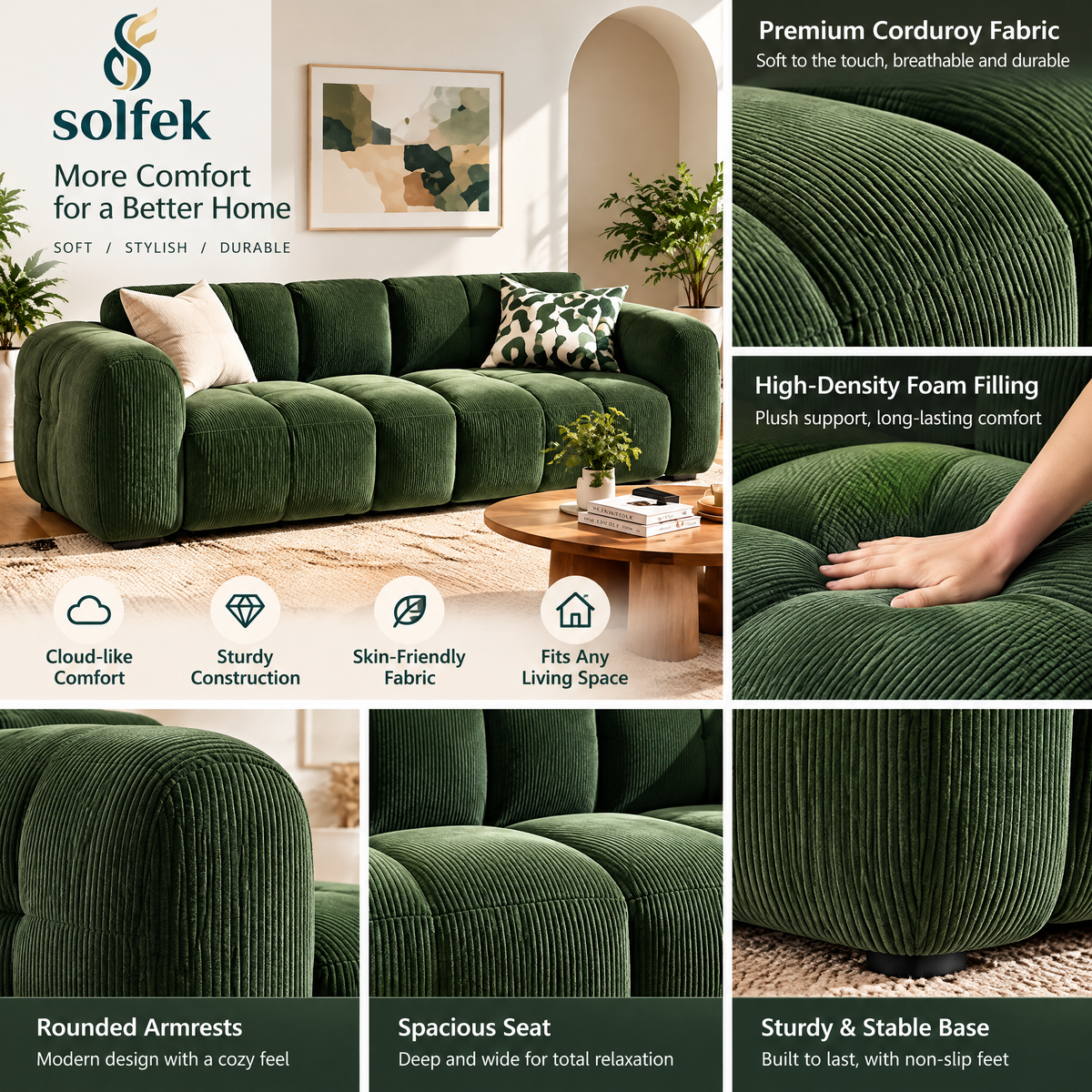 SOLFEK Forest Green Channel Sofa — view 4