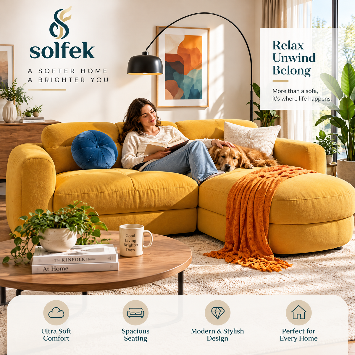SOLFEK Mustard Yellow Chaise Sofa — view 2