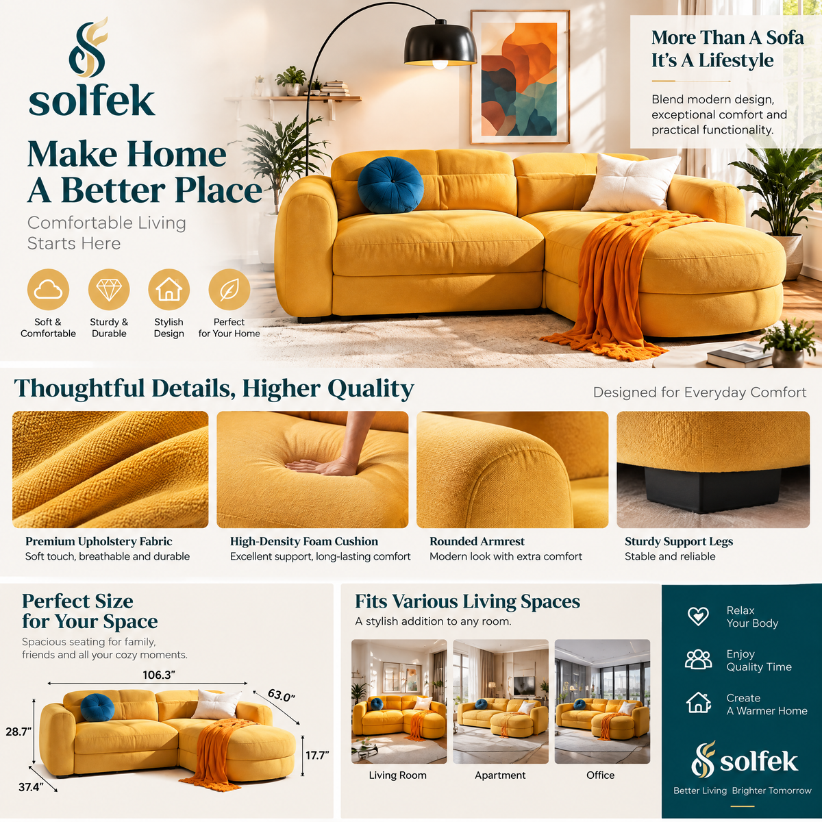 SOLFEK Mustard Yellow Chaise Sofa — view 3