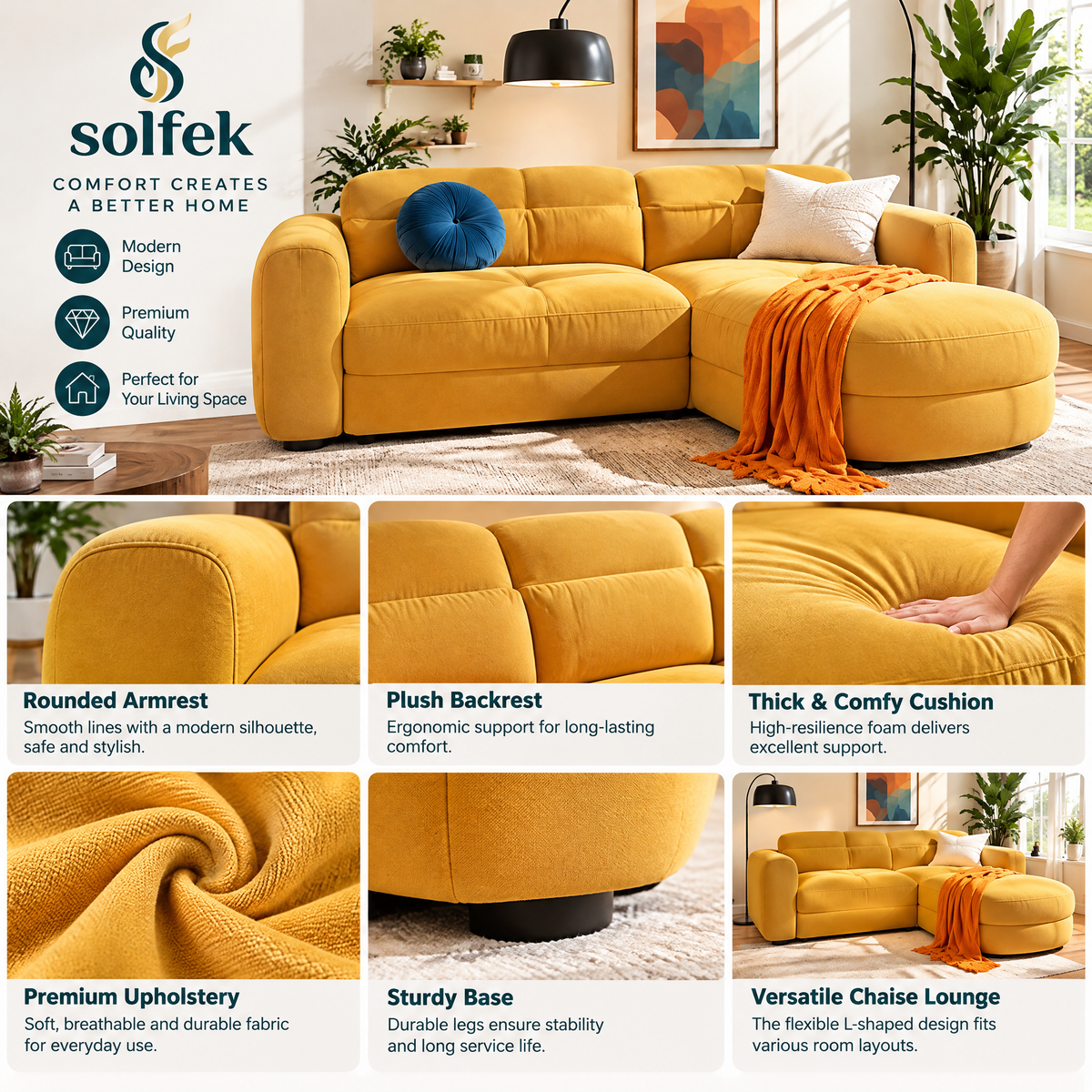 SOLFEK Mustard Yellow Chaise Sofa — view 4