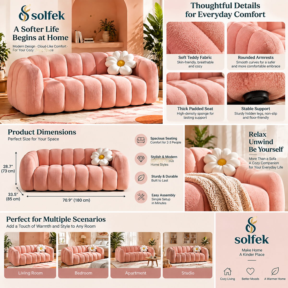 SOLFEK Blush Pink Scalloped Sofa — view 3