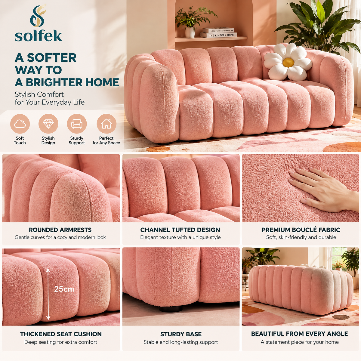SOLFEK Blush Pink Scalloped Sofa — view 4