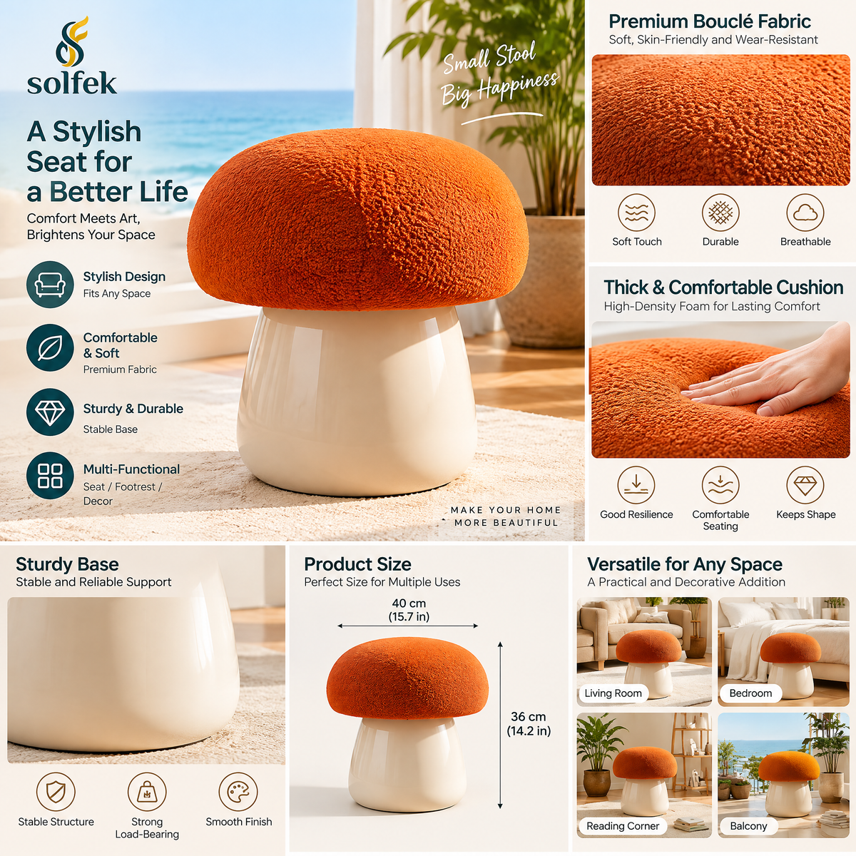 SOLFEK Orange Mushroom Accent Stool — view 3